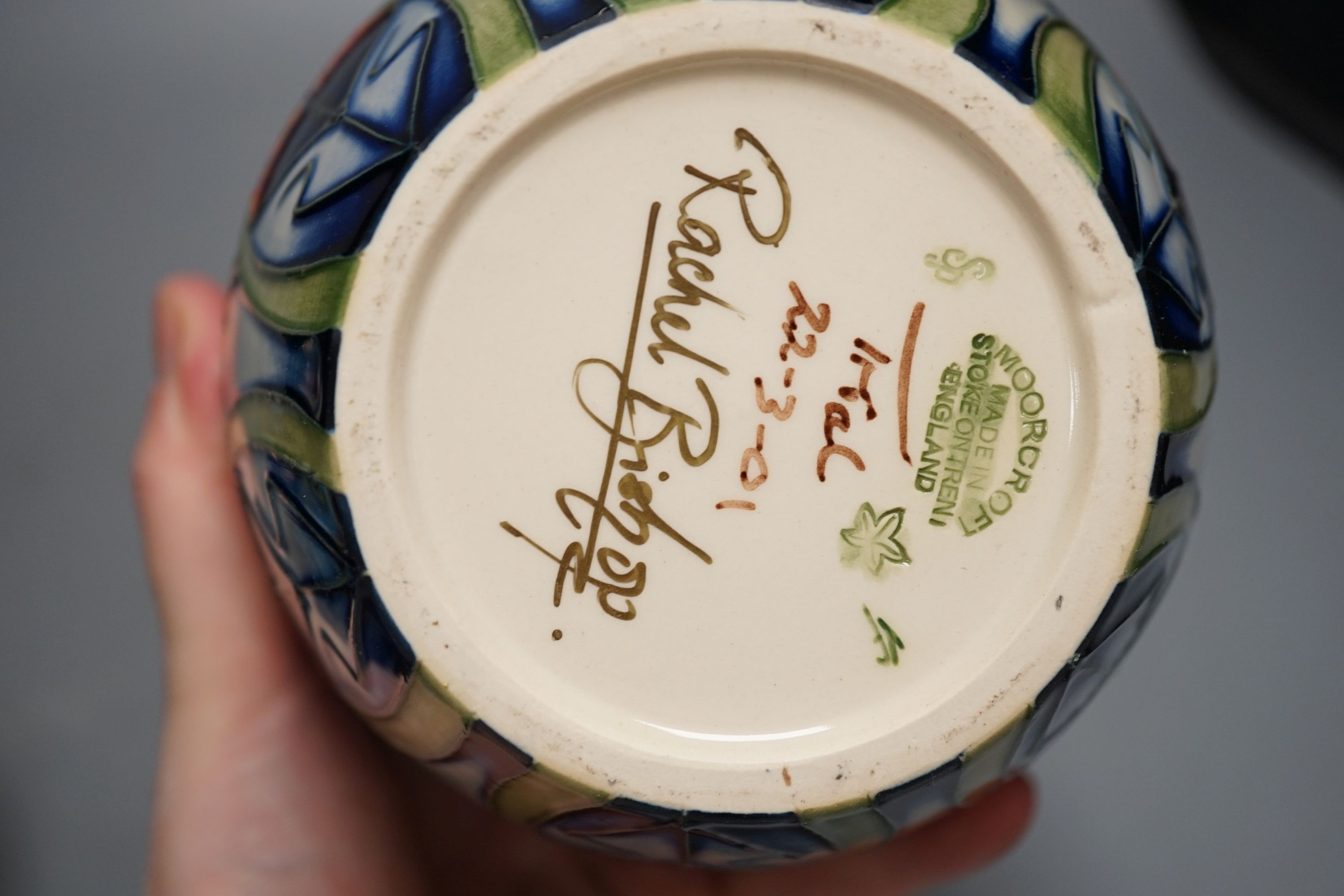 Two Moorcroft trial ginger jars and covers, signed Rachel Bishop and Shirley Hayes, 2001 and 2002, 16cm., with boxes